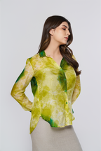 Green Printed Long-Sleeve Button-Down Blouse