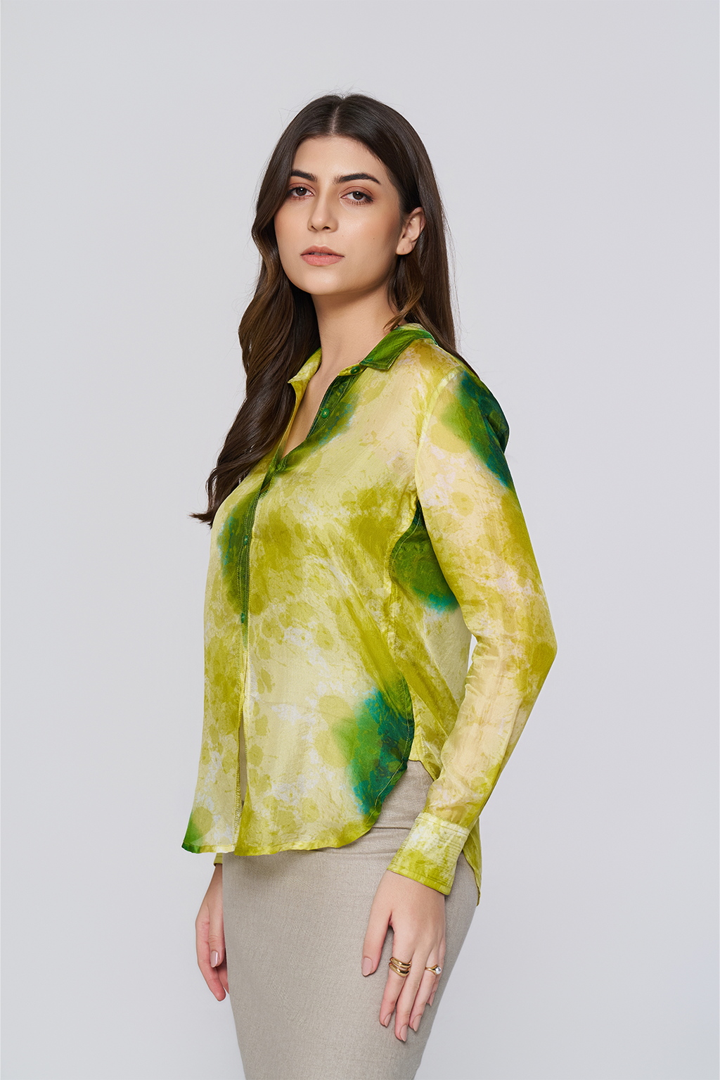 Green Printed Long-Sleeve Button-Down Blouse