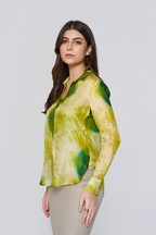 Green Printed Long-Sleeve Button-Down Blouse