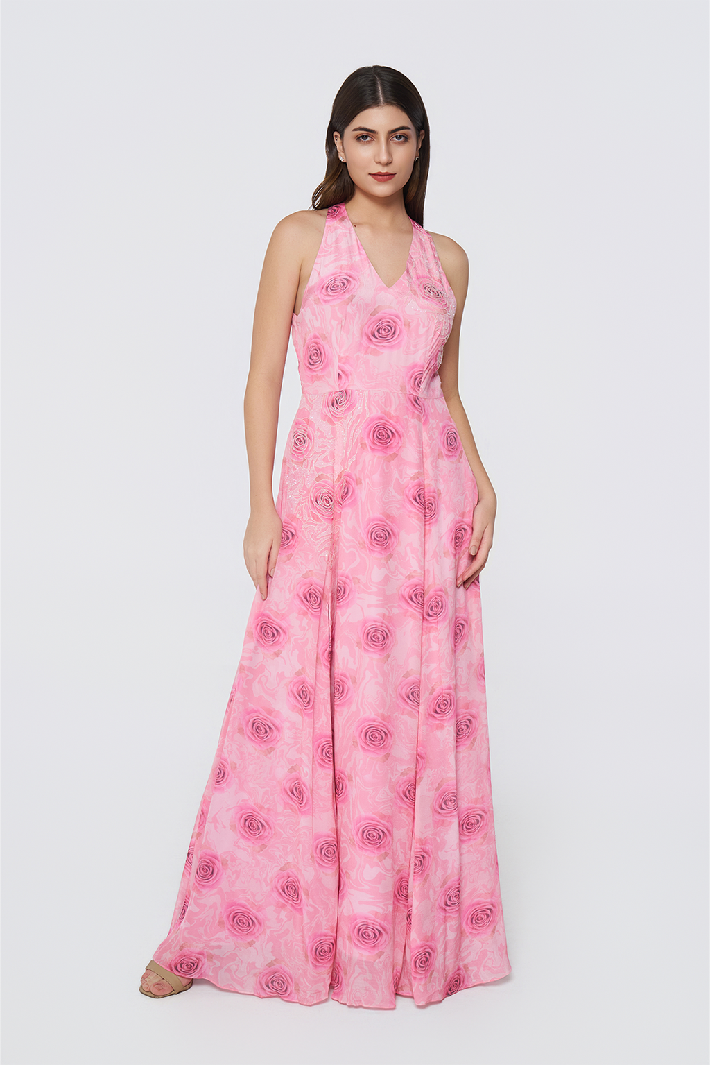 Azure Bloom Crepe Maxi Dress