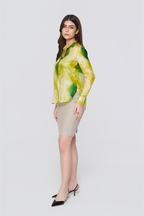 Green Printed Long-Sleeve Button-Down Blouse