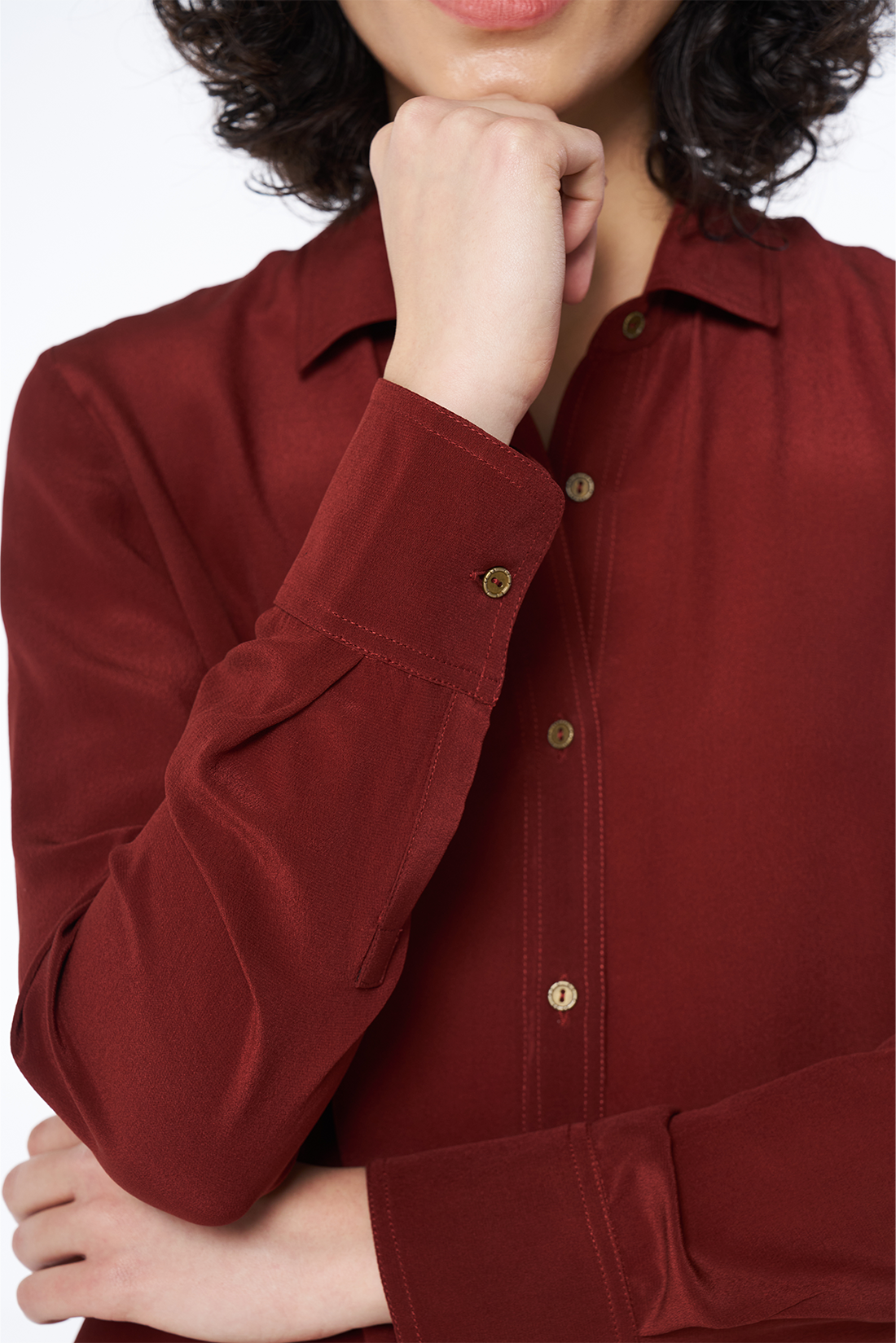 Brick Red Long-Sleeve Button-Down Blouse