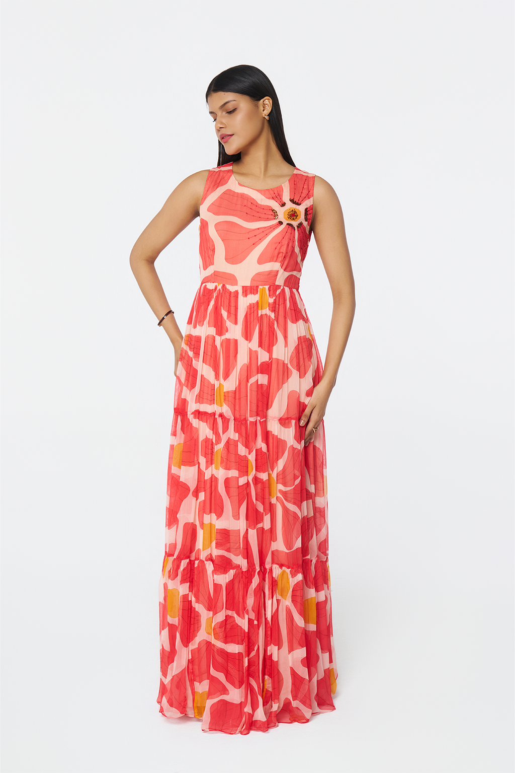 Sunset Bloom Chiffon Maxi Dress