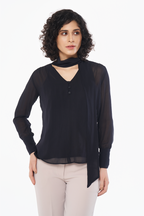 Black Tie-Neck Georgette Blouse