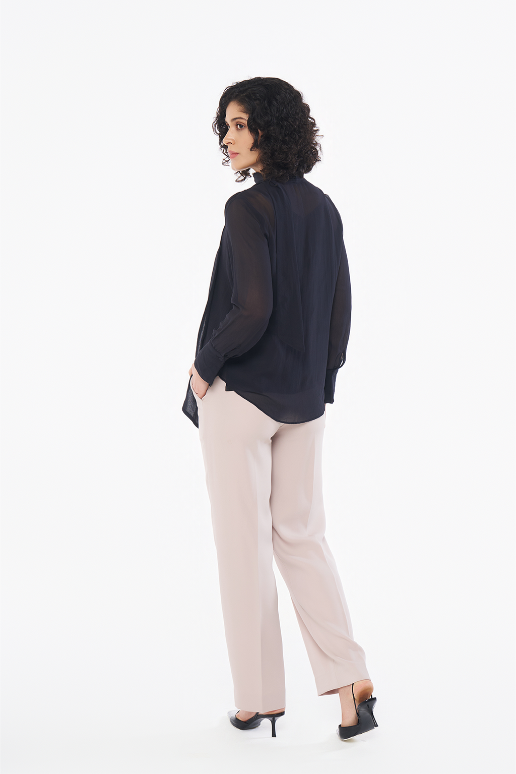 Black Tie-Neck Georgette Blouse