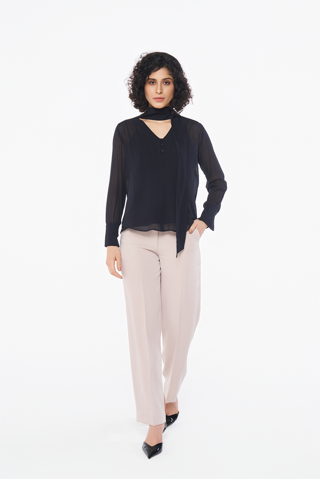 Black Tie-Neck Georgette Blouse