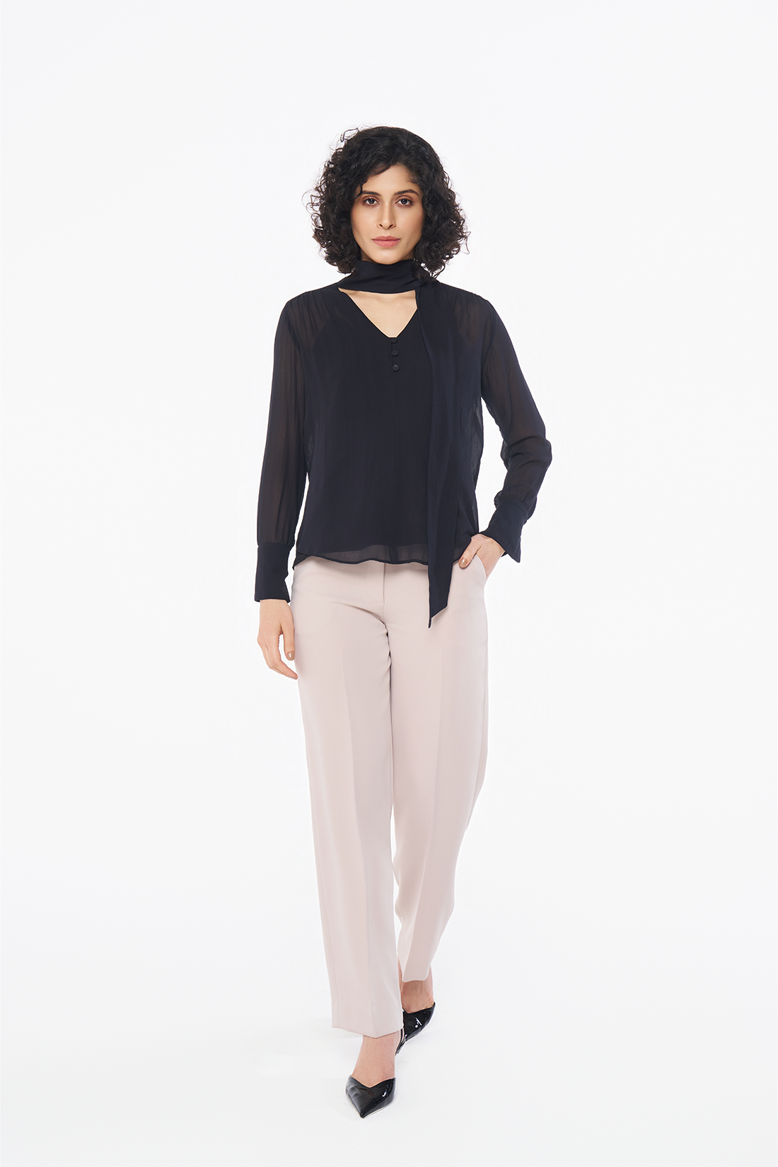 Black Tie-Neck Georgette Blouse