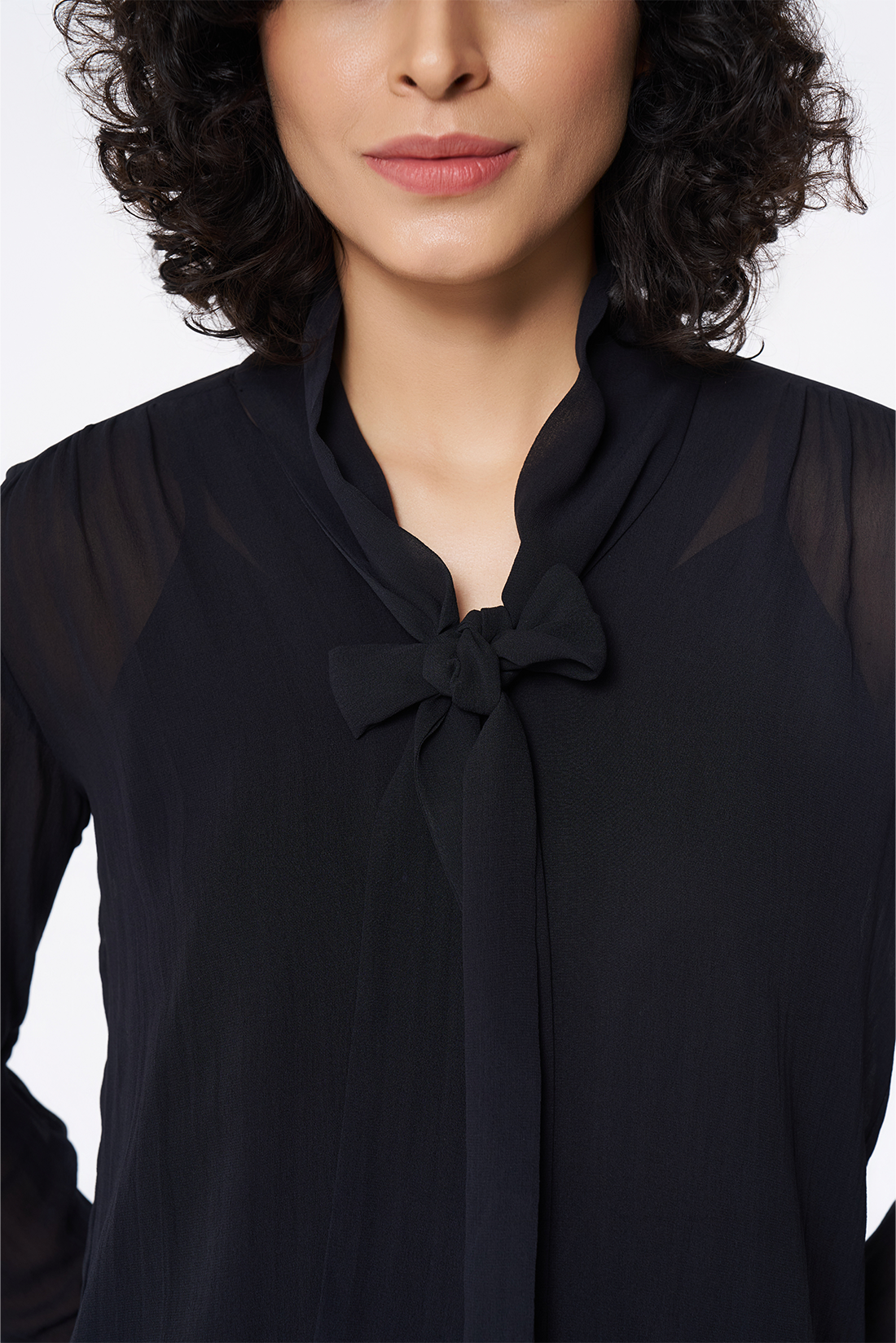 Black Tie-Neck Georgette Blouse