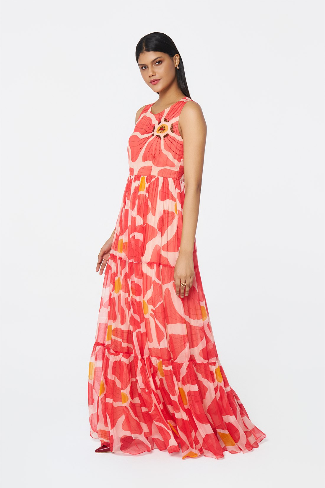 Sunset Bloom Chiffon Maxi Dress