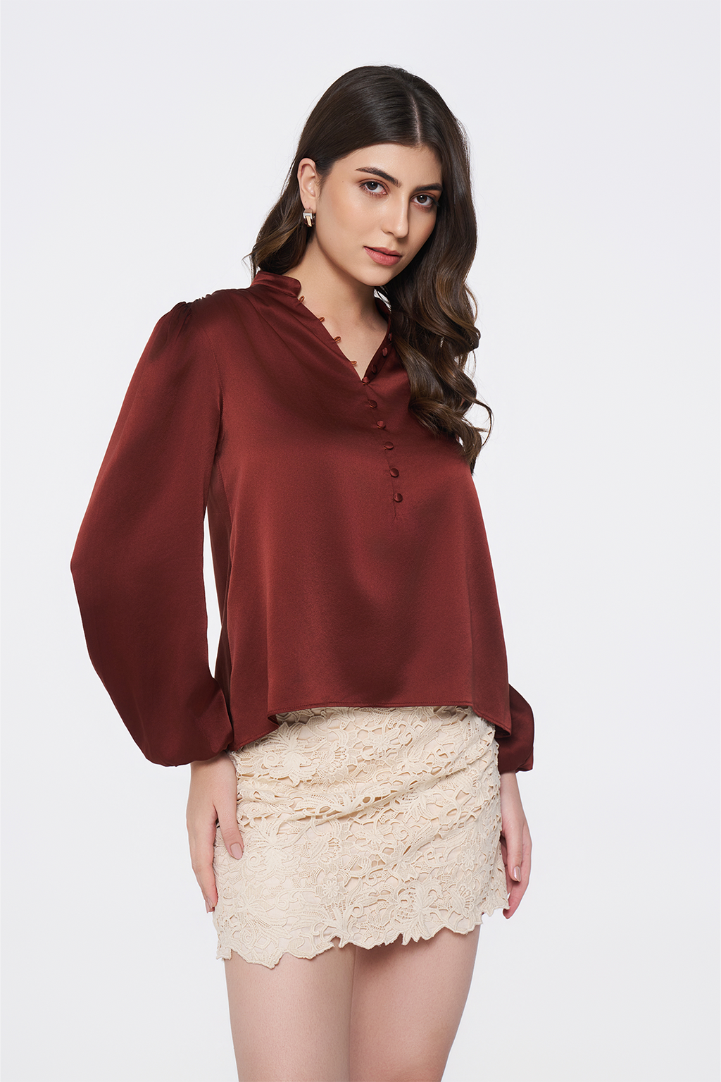 Maroon Long-Sleeve Button-Down Blouse