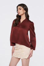 Maroon Long-Sleeve Button-Down Blouse