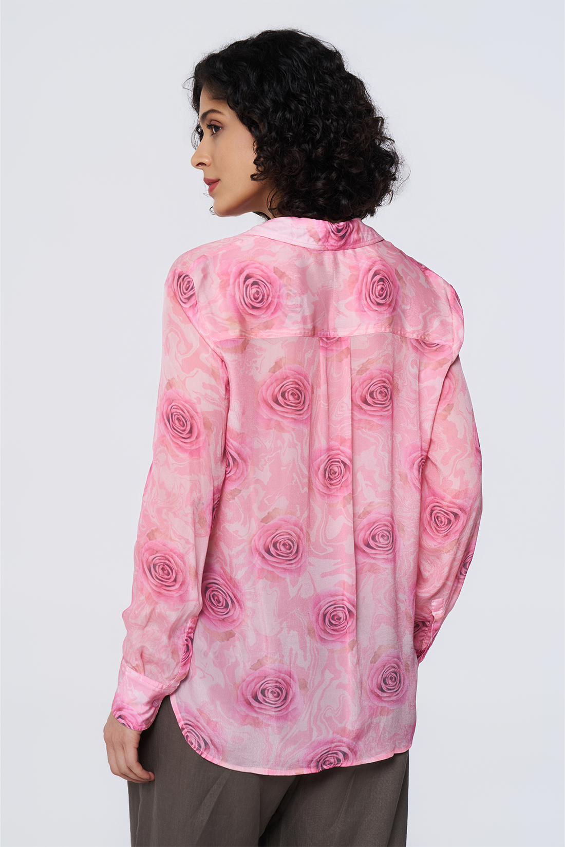 Pink Printed Long-Sleeve Button-Down Blouse