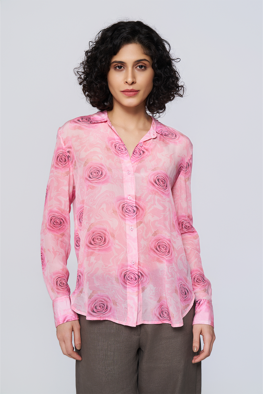 Pink Printed Long-Sleeve Button-Down Blouse