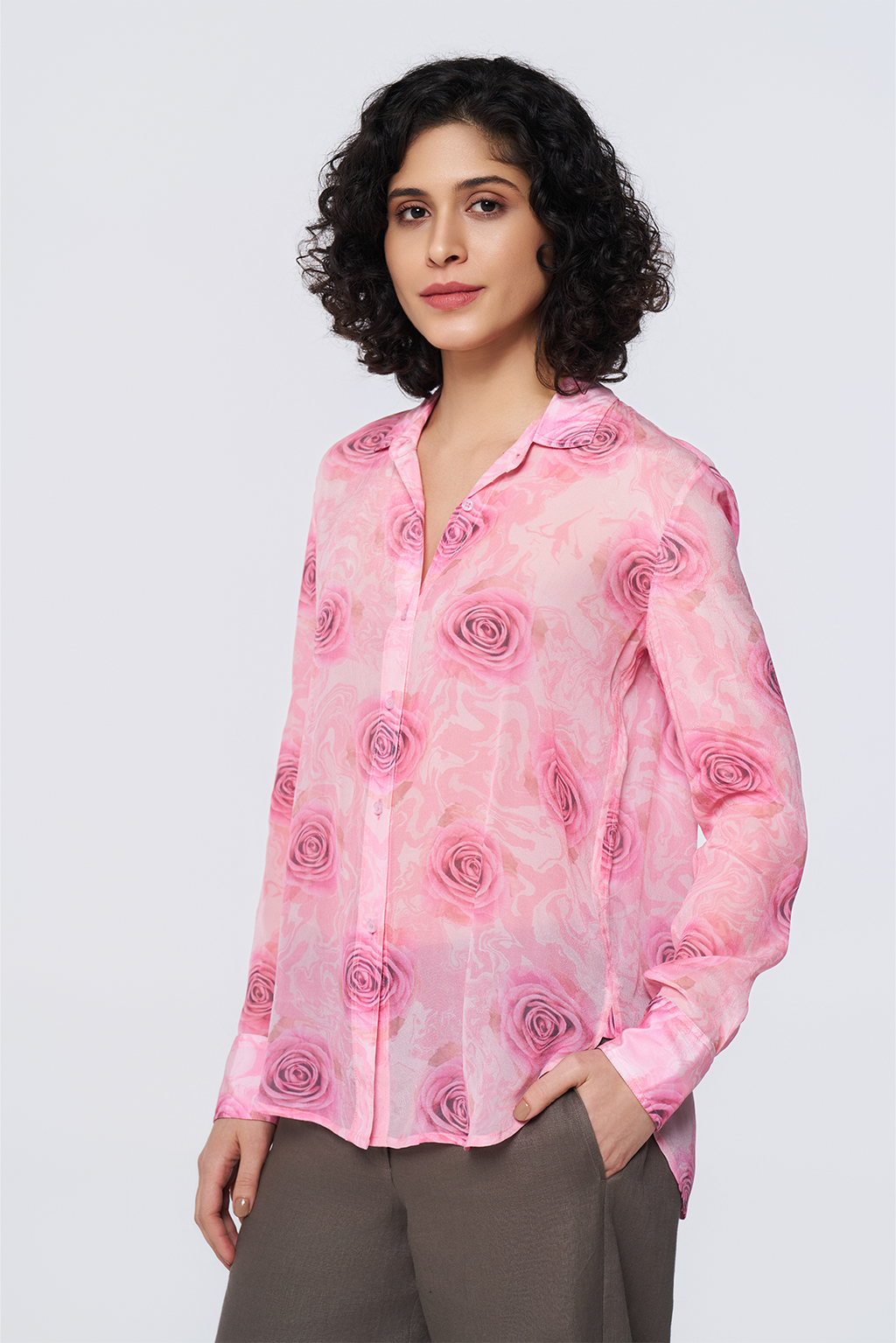 Pink Printed Long-Sleeve Button-Down Blouse