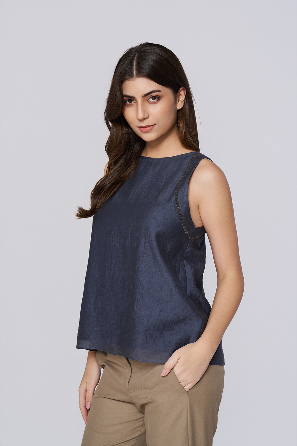 Navy Sleeveless Boat Neck Top