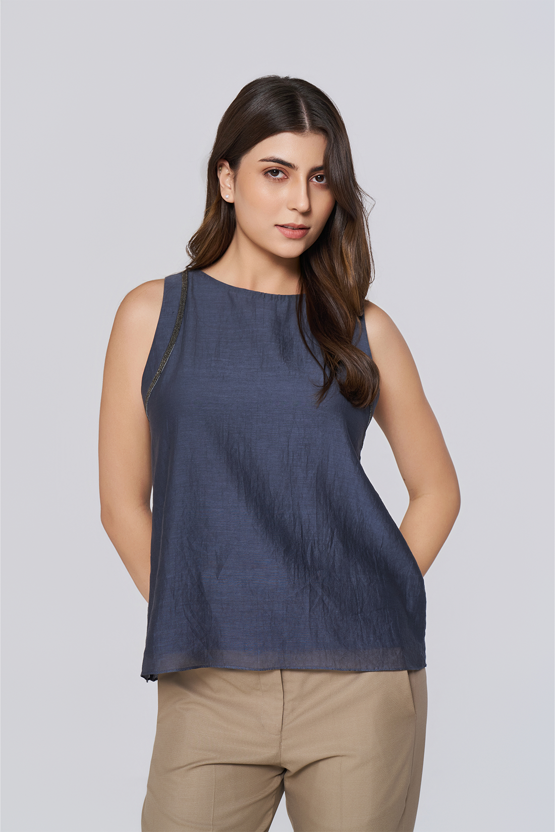 Navy Sleeveless Boat Neck Top