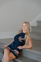 Navy Midnight Swan Embroidered Printed Sheath Dress
