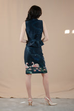 Navy Midnight Swan Embroidered Printed Top and Skirt Set