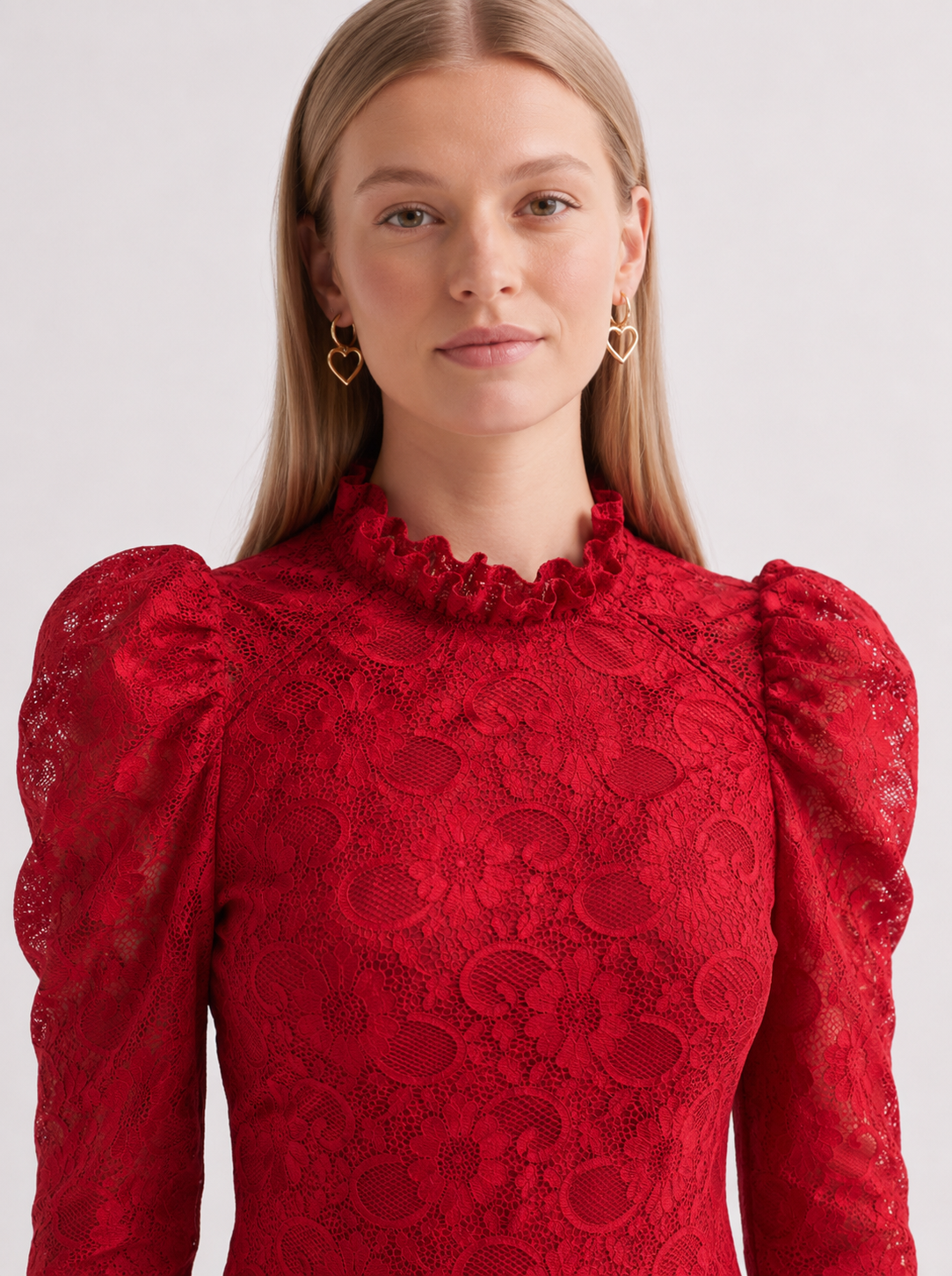 Scarlet Ruffle-Neck Lace Dress